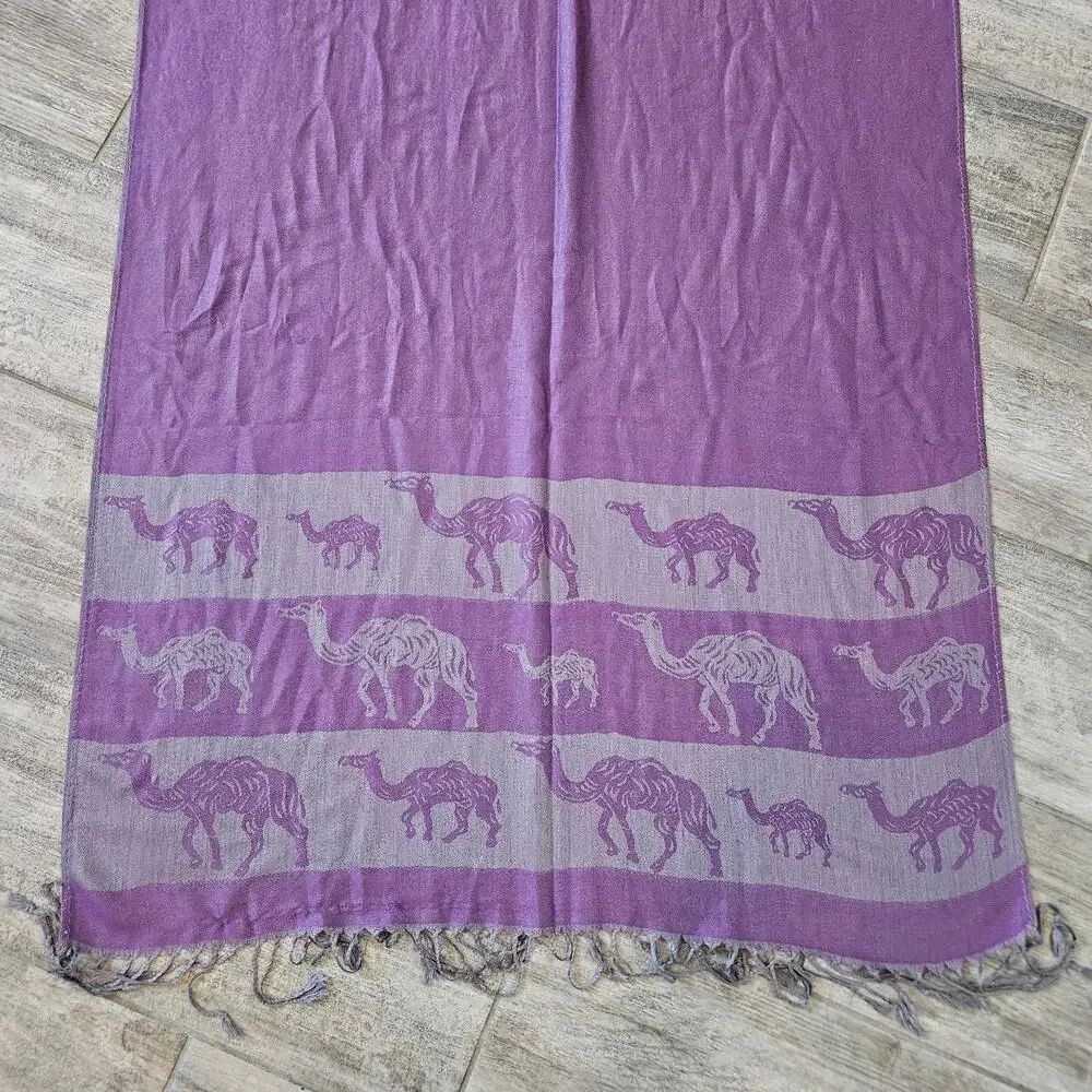 Golden Sky 100% Cashmere Scarf Purple Grey Camel‎ Print Shawl Wrap Winter Fall